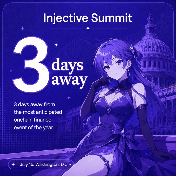 A purple promotional poster for the Injective Summit features an anime-style woman in an elegant dress, advertising '3 days away' from the event on July 16 in Washington, D.C.