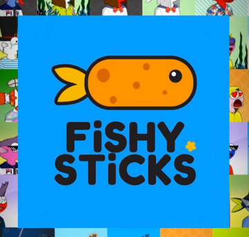 A blue graphic with an orange cartoon fish and the text 'FISHY STICKS' surrounded by a border of various cartoon fish and sea creature characters.