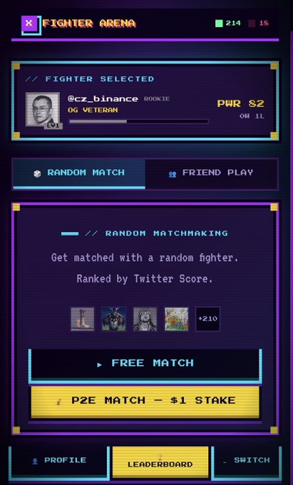 The image features a screenshot of an application screen displaying a game menu for fighting arena. The menu includes options such as "Random Matchmaking", "Free Match", "Rank by Twitter Score", "PZE match - PZE match score" among others. It seems that this game is designed to help X users increase their reputation within the game. A post on social media, asking for help and funding, might be related to the development or testing of this fighting arena application.