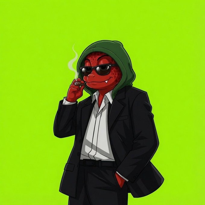 An illustrated red-skinned lizard-like character wearing a black suit, white shirt, green hood, and black sunglasses smokes a cigar against a bright green background.