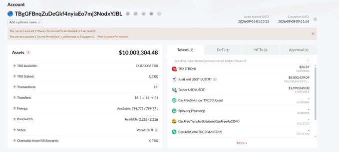 The image shows a TRON blockchain account page for the address "TBgGFBnqZuDeGkf4nyiaEo7mj3NodxYjBL," displaying assets totaling $10,003,304.48 and listing 9 tokens including 58,003,429.09 JustLend USDT ($10,000,856.09), directly tying to the post's claim about Justin Sun's prize fund being brought on-chain with USDT rewards for public verification.