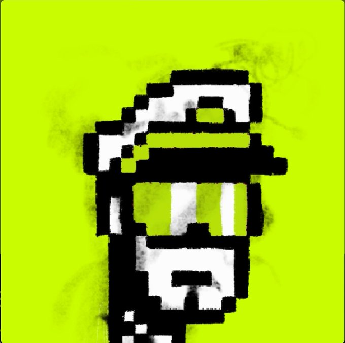 A pixel art image showing a black and white abstract or glitch-style face design set against a bright yellow-green background with a grainy, spray-painted texture.