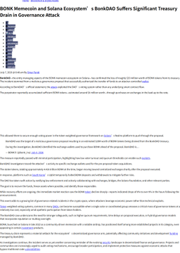 An article titled 'BONK Meme­coin and Solana Ecosystem' s BonkDAO Suffers Significant Treasury Drain in Governance Attack,' dated July 3, 2024, written by Nnenna Onyeakagbu, with introductory paragraphs visible but the main body text appears as placeholder filler.