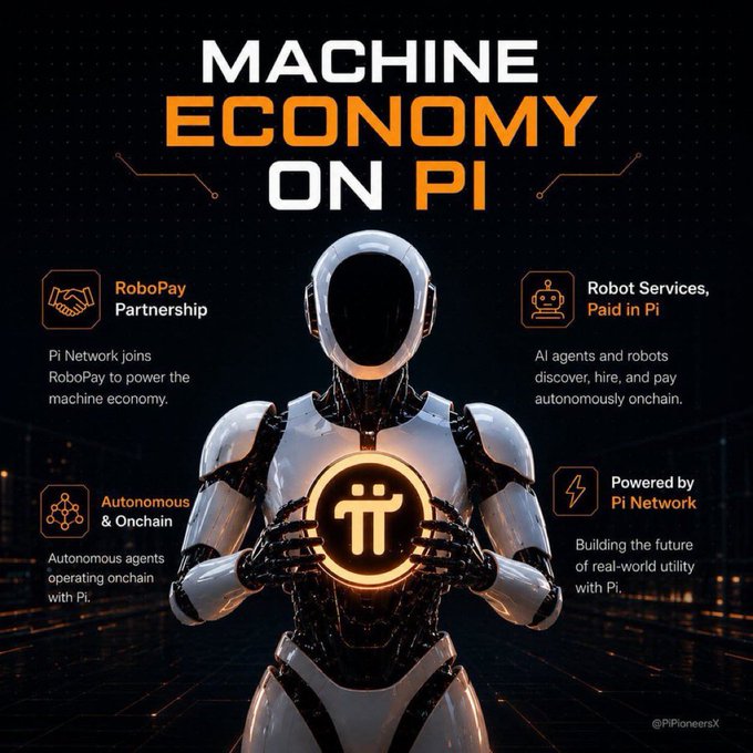 A futuristic humanoid robot holds a glowing Pi Network logo, surrounded by text promoting "MACHINE ECONOMY ON PI," highlighting the RoboPay partnership for autonomous robot services paid in Pi and powered by Pi Network. The graphic visually represents the post's announcement about testing Pi Testnet integration for robot payments via RoboPay, suggesting a future where $PI holders could rent and pay robots with Pi.