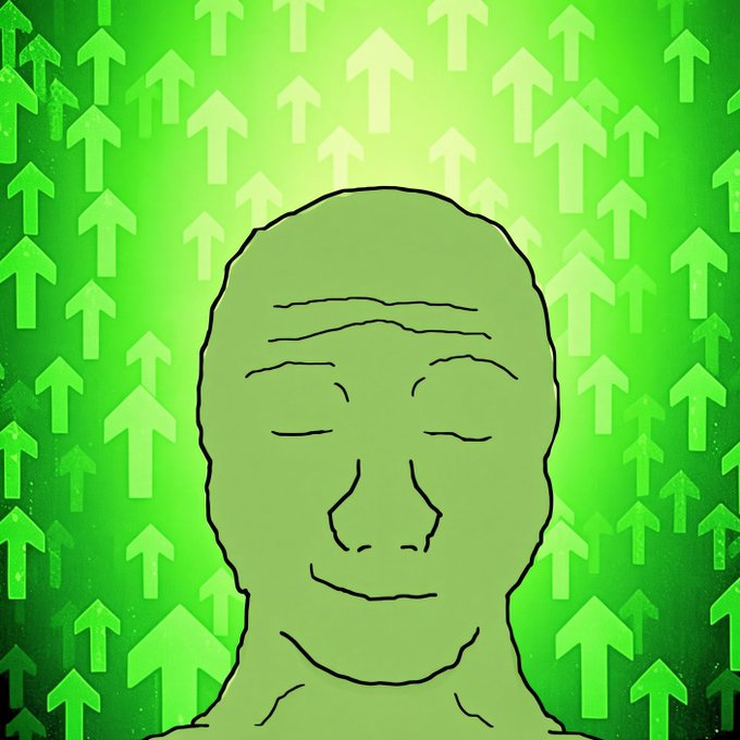 An illustration of a bald, smiling figure with closed eyes against a green background filled with upward-pointing arrows.