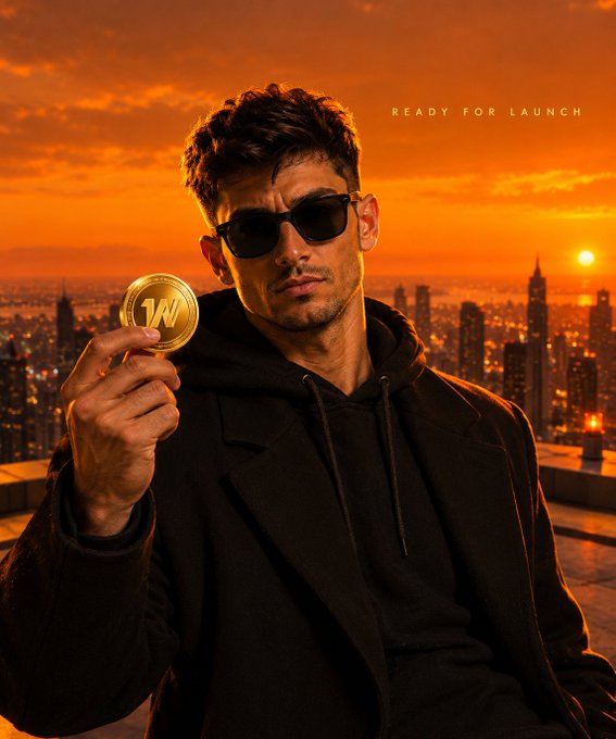 A man in a black coat and sunglasses holds a gold 'W' coin, with the text 'READY FOR LAUNCH' visible against a city skyline at sunset.