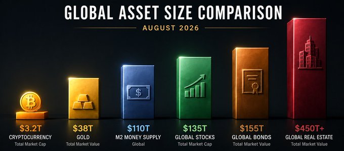 A bar chart titled 'GLOBAL ASSET SIZE COMPARISON' for August 2026, comparing Cryptocurrency ($3.2T), Gold ($38T), M2 Money Supply Global ($110T), Global Stocks ($135T), Global Bonds ($155T), and Global Real Estate ($450T+).