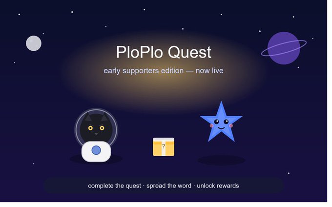 A space-themed promotional graphic titled "PloPlo Quest" with the subtitle "early supporters edition — now live," featuring a black cat astronaut, a smiling blue star, and a mystery box against a dark starry background with planets.