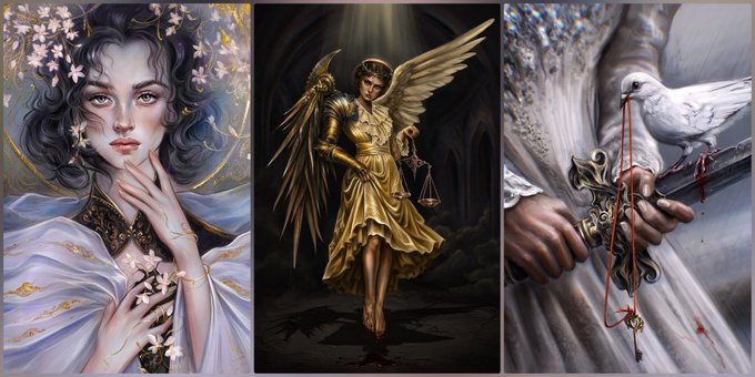 A triptych of fantasy-style paintings: a woman with flowers in her hair, a winged angel holding scales, and hands holding a white dove with a red string.
