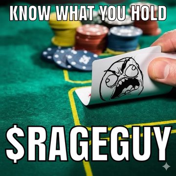 A meme image shows a hand holding up a white paper with a drawing of a frantic, wide-eyed face above a green poker table, with the text 'KNOW WHAT YOU HOLD' at the top and '$RAGEGUY' at the bottom.