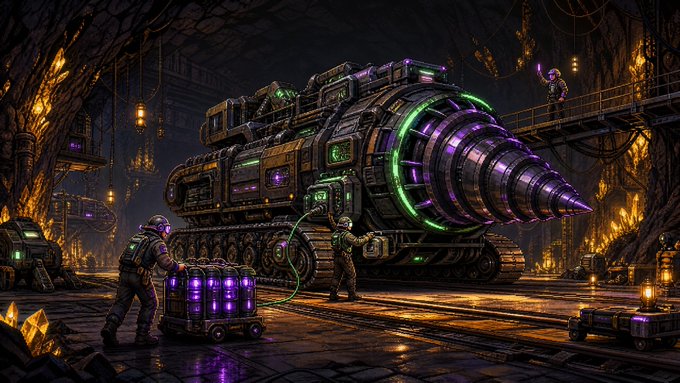 Digital artwork depicts futuristic miners in hazmat suits operating a large drilling machine with glowing green and purple elements in a rocky cavern.