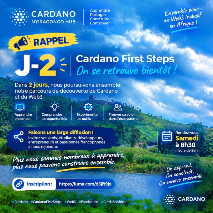 A promotional poster for 'CARDANO NYIRAGONGO HUB' announces 'Cardano First Steps' in a J-2 countdown, inviting attendees to a session on Saturday at 8h30 (Beni time) with an inscription link at luma.com/d5jft9jx.