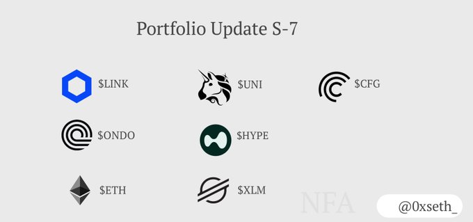 Portfolio Update S-7 showing cryptocurrency holdings including $LINK, $UNI, $CFG, $ONDO, $HYPE, $ETH, and $XLM, with the handle @0xseth_
