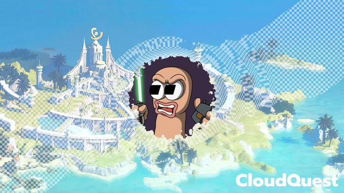 A colorful animated banner for 'CloudQuest' featuring a cartoon character with an afro and sunglasses holding a green lightsaber, set in a tropical island landscape with a castle.
