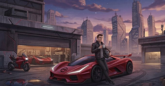 A digital illustration of a man in a black jacket leaning against a red sports car and holding a helmet, with a motorcycle and futuristic cityscape in the background.
