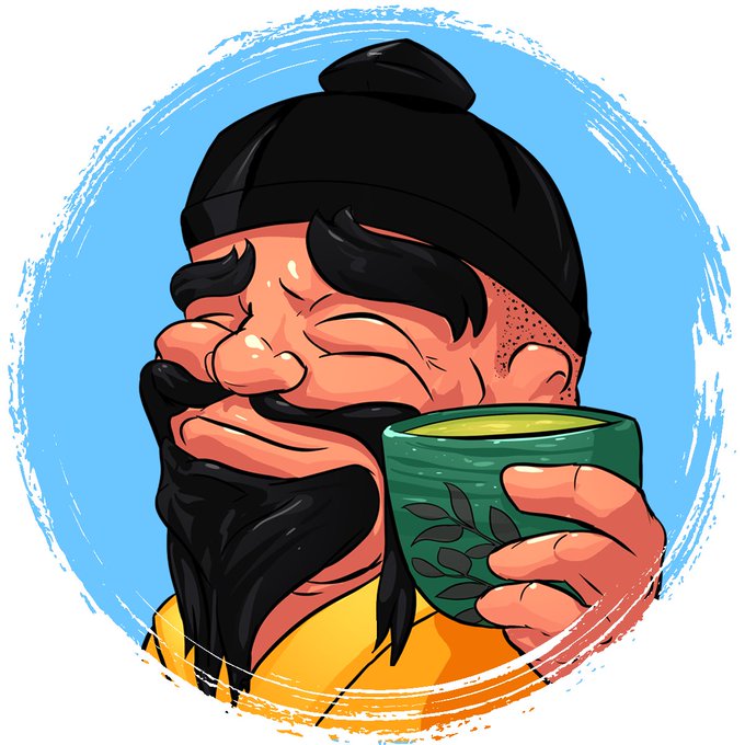 This illustration depicts a smiling man with a black cap and beard, holding a green teacup, likely representing the support from @0xschwiz in preserving NFT collection images.