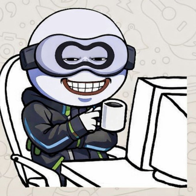 A cartoon illustration of a character wearing a VR headset and holding a coffee mug while sitting at a computer, with a wide toothy grin.