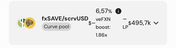 A DeFi liquidity pool card showing 'fxSAVE/scrvUSD' on Curve pool with 6.57% APR, veFXN boost of 1.86x, and $495.7k LP value.