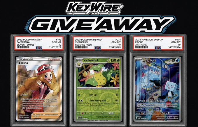 This image displays three graded Pokémon cards being given away by Keywire: a Serena, a Victreebel, and an Eiscue. The accompanying post announces that these giveaways are now exclusive to active @keywire_io members.