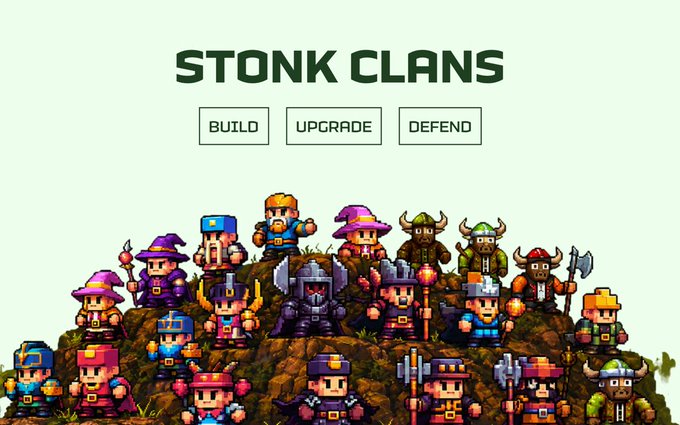 A game advertisement titled 'STONK CLANS' with buttons labeled 'BUILD', 'UPGRADE', and 'DEFEND' above pixel art characters on a hill.