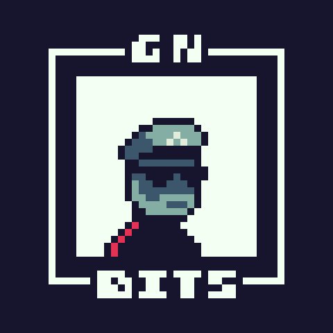 A pixel art logo for 'CN BITS' featuring a green-helmeted character inside a white rectangular border on a dark blue background.