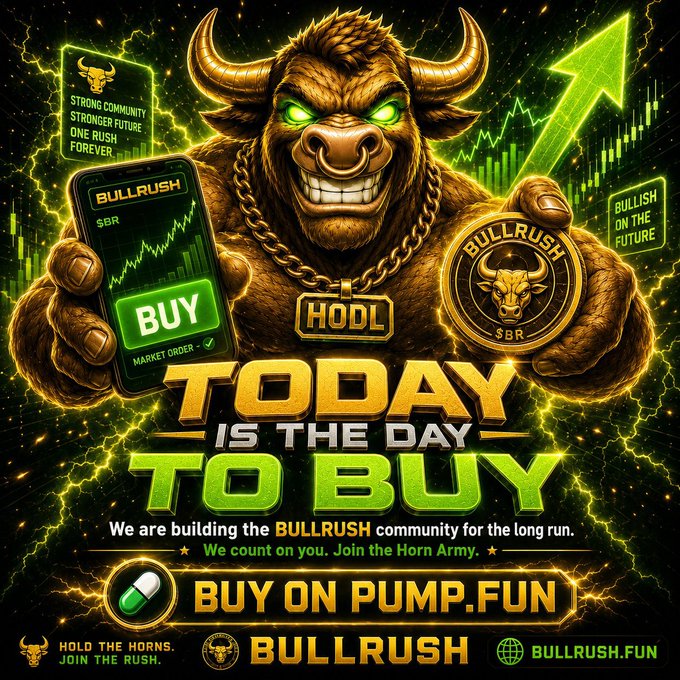 A fierce glowing-eyed bull mascot holds a "BULLRUSH" $BR phone app showing a green "BUY" button and a $BR coin, promoting the tagline "TODAY IS THE DAY TO BUY" with text urging viewers to "BUY ON PUMP.FUN" at BULLRUSH.FUN and join the "Horn Army," matching the post's pitch of $BULLRUSH as a next 1000x gem available on pump.fun.