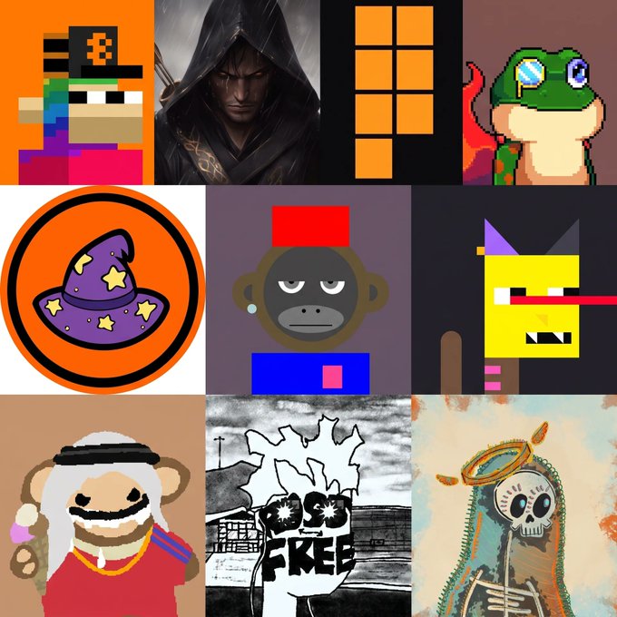 A 3x3 grid collage of various NFT profile pictures and digital art, including pixel art, hooded figures, cartoon characters, and a skeleton, representing typical NFT collection avatars.