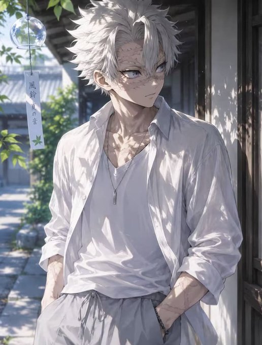 An anime-style young man with messy white hair and facial scars stands on a sunlit street wearing a white button-up over a tank top. A vertical sign beside him reads "風鈴賣の者" (wind chime seller).

The image's contrast between the character's calm, grounded presence and the Japanese signage evokes the post's theme of CNPY Network supporting builders who balance launching with sustainable ownership.