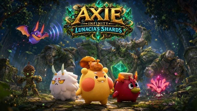 A promotional graphic for the game 'Axie Infinity - Lunacia's Shards' shows various colorful Axie creatures standing in front of a large moss-covered stone guardian figure in a lush forest setting.