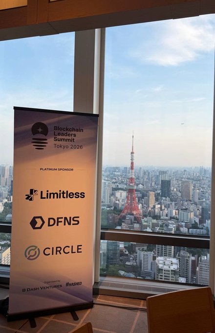 A banner for the 'Blockchain Leaders Summit Tokyo 2026' stands in front of a window overlooking Tokyo Tower, listing Platinum Sponsors: Limitless, DFNS, and CIRCLE, organized by Dash Ventures and Hashed.