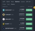 A sports betting odds screen showing 'Alpha' 'New Orleans' 'Losers' '24h Vol' columns with cryptocurrency tokens including KINETOS, XFWALLET, BONNUT, BURSY, and ESPIRITOSRL listed.