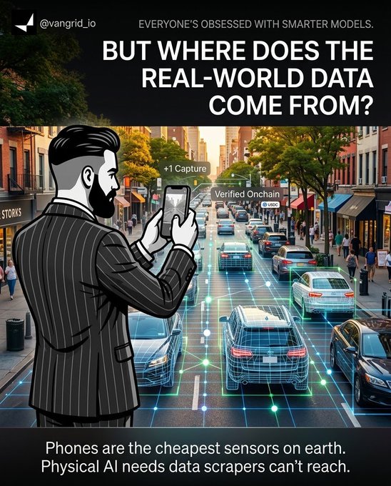 An advertisement graphic from @vangrid_io asking "BUT WHERE DOES THE REAL-WORLD DATA COME FROM?" featuring a man in a pinstripe suit taking a photo of a city street with a phone, captioned "Phones are the cheapest sensors on earth."