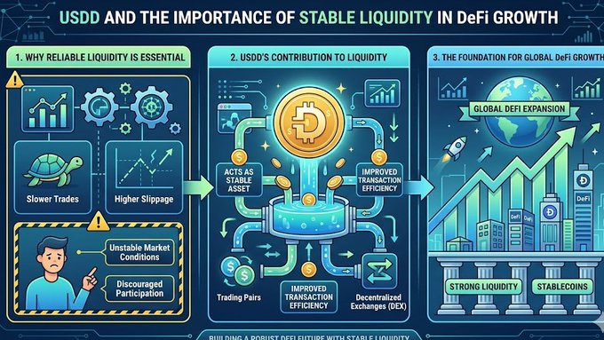 The image shows a vibrant infographic about USDD and its importance in the growth of DeFi (Decentralized Financing). The infographic is designed with different levels or layers showcasing the various aspects of stable liquidity within the DeFi ecosystem. At each level, there are icons representing different cryptocurrency tokens, and they depict their exchange rates, transaction fees, and trading volumes. This visual representation helps convey complex financial concepts in an easily digestible manner for those unfamiliar with DeFi technology.