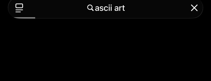 The image shows a dark-themed search bar interface with the query "ascii art" typed in, alongside a menu icon and a close button. It relates to the post as a visual placeholder, likely indicating the user is searching for ASCII art—possibly to find a representation of the "Arc cat with bat wings" they mention preparing for in their sequence of tasks.