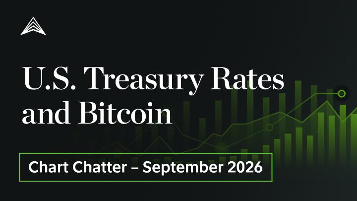 A title graphic reading 'U.S. Treasury Rates and Bitcoin' with subtitle 'Chart Chatter – September 2026' over a dark green background.
