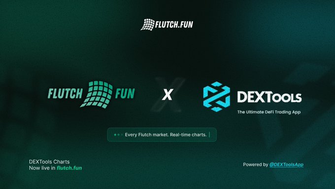 A digital advertisement on a dark green background announcing a collaboration between 'FLUTCH FUN' and 'DEXTOOLS' with text 'DEXTools Charts Now live in flutch.fun'.