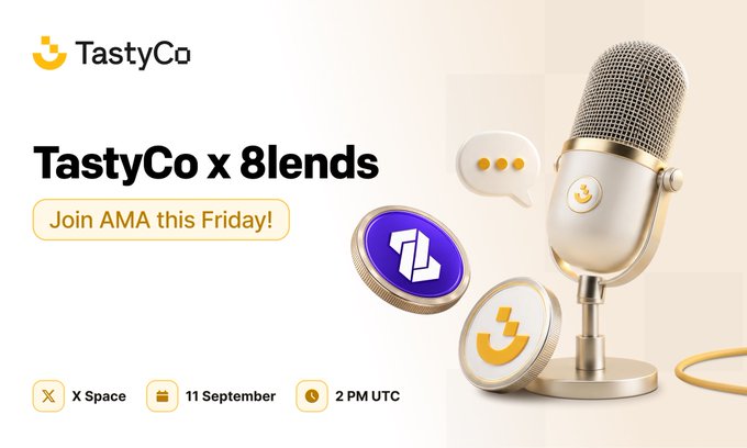 A promotional graphic for 'TastyCo x 8lends' announcing an AMA on X Space on 11 September at 2 PM UTC, featuring a gold microphone and floating cryptocurrency coins.