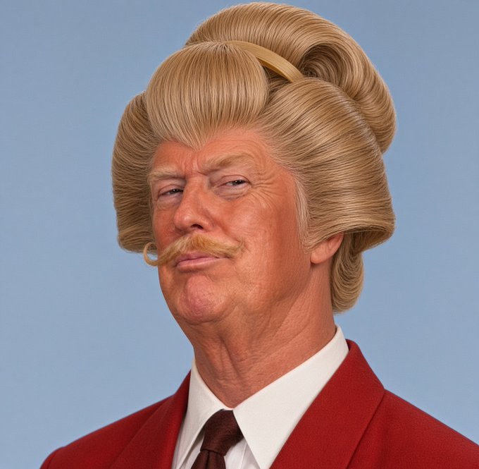 A digital rendering shows Donald Trump wearing a red suit jacket and tie, but with an exaggerated large blonde beehive hairstyle.