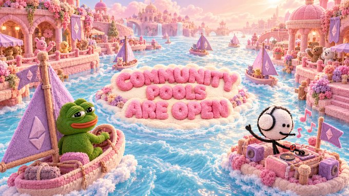 A whimsical 3D-rendered scene featuring a green Pepe character in a sailboat and a stick figure DJ, with pink fluffy text reading 'COMMUNITY POOLS ARE OPEN' floating in the water.