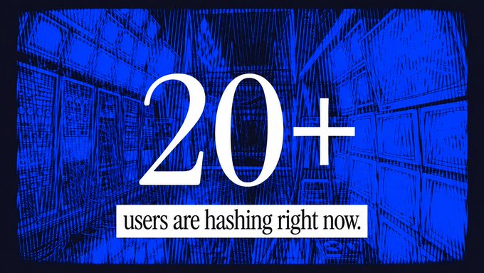 Blue-tinted graphic showing server racks with large white text stating '20+ users are hashing right now.'
