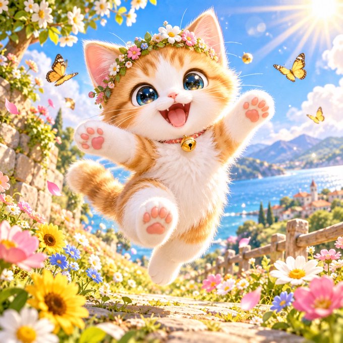 A cute animated orange and white kitten wearing a flower crown and bell collar, jumping joyfully in a field of flowers with butterflies and a Mediterranean seaside village in the background.