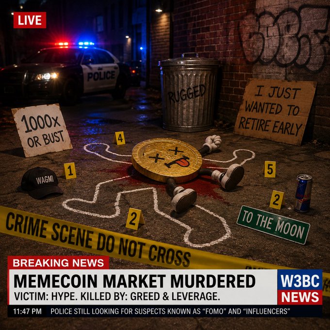 A breaking news graphic styled as 'W3BC NEWS' reports 'MEMECOIN MARKET MURDERED' with the subheading 'VICTIM: HYPE. KILLED BY: GREED & LEVERAGE,' showing a crime scene with a police car, evidence markers, a bloody coin, and humorous signs.