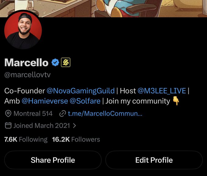 A Twitter profile for 'Marcello' (@marcellovtv) shows him as Co-Founder of NovaGamingGuild and Host of M3LEE_LIVE, based in Montreal, with 16.2K followers.