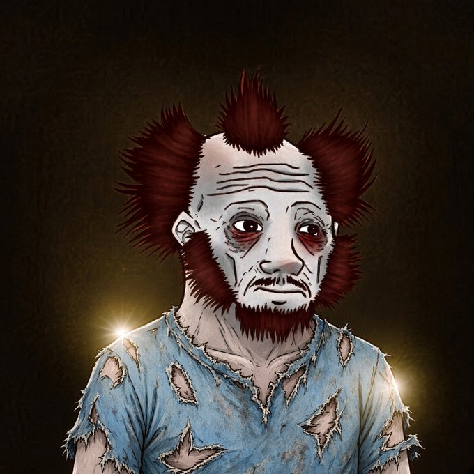 A digital illustration of a gaunt, distressed-looking man with spiky reddish-brown hair and sideburns, wearing a torn blue shirt against a dark background.