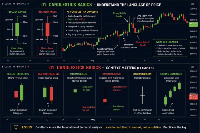 An educational chart titled "01. CANDLESTICK BASICS" explaining bullish and bearish candles and various patterns like Pin Bars, Doji, and Engulfing on a BTC/USDT chart.