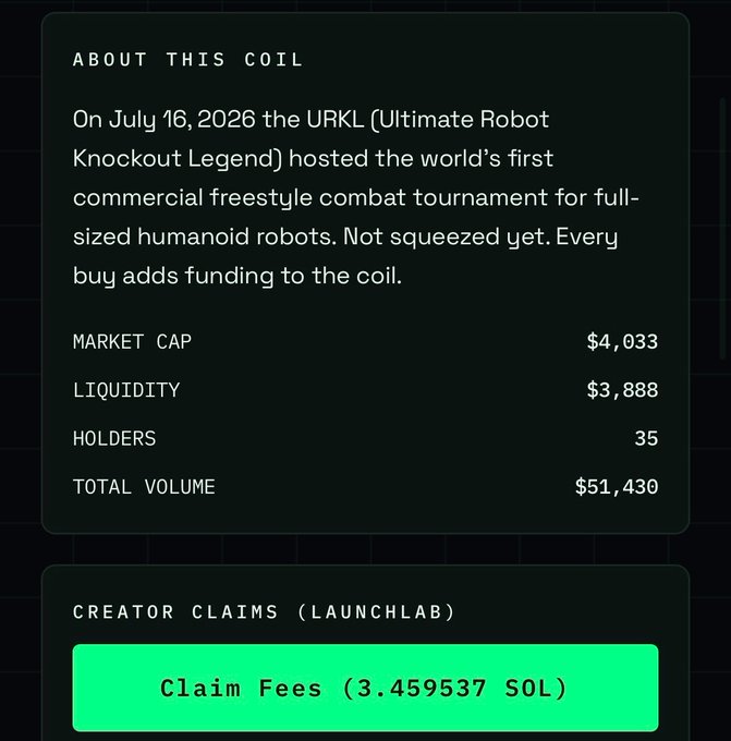 A crypto coin info panel for "$SQUEEZE" shows details about the URKL (Ultimate Robot Knockout Legend) freestyle combat humanoid robot tournament held on July 16, 2026, with metrics including a $4,033 market cap, $3,888 liquidity, 35 holders, and $51,430 total volume, plus a "Claim Fees (3.459537 SOL)" button highlighted in green. The image illustrates the poster's claim of earning more in creator fees than their 3.25 SOL entry, as the claimable amount shown exceeds their initial investment.