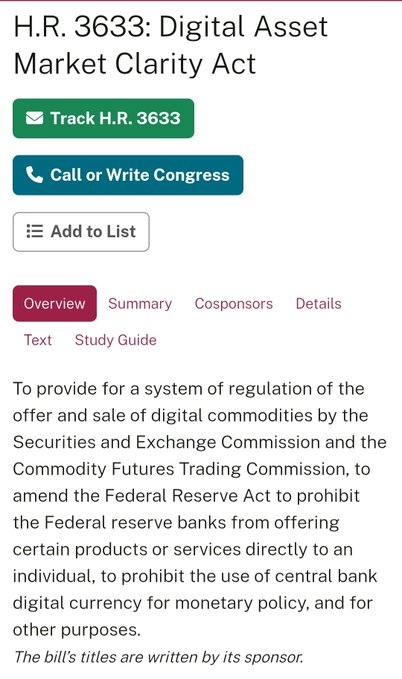 **Caption:** A webpage displaying H.R. 3633, the "Digital Asset Market Clarity Act," which seeks to regulate the offer and sale of digital commodities by the SEC and CFTC, alongside a Note that the U.S. Senate is set to release final text on the bill, signaling a major step in crypto regulatory clarity.