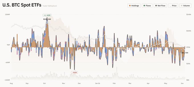 A graph displaying the total net flow of Bitcoin ETFs (US-based) for each month in a year, showing fluctuations in market capitalization. The months from January to December are represented along the x-axis with values ranging from -100% to 100%.