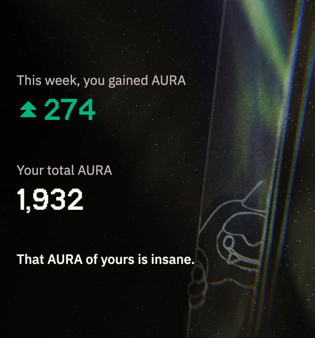 A notification shows the user gained 274 AURA this week, bringing their total AURA to 1,932, with the message "That AURA of yours is insane." This likely highlights the ease of earning AURA points through Bulk exchange by simply depositing stables, as mentioned in the post.