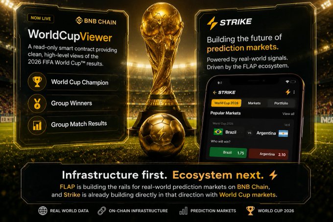 The image features a large soccer trophy, which is placed on top of a soccer field with a stadium backdrop. The text in the image reads "World Cup Viewer" and "Flap is building the infrastructure layer for real-world prediction markets." This suggests that the image is related to a World Cup event or tournament, possibly an online platform showcasing sports data and predictions about the outcome of the games.